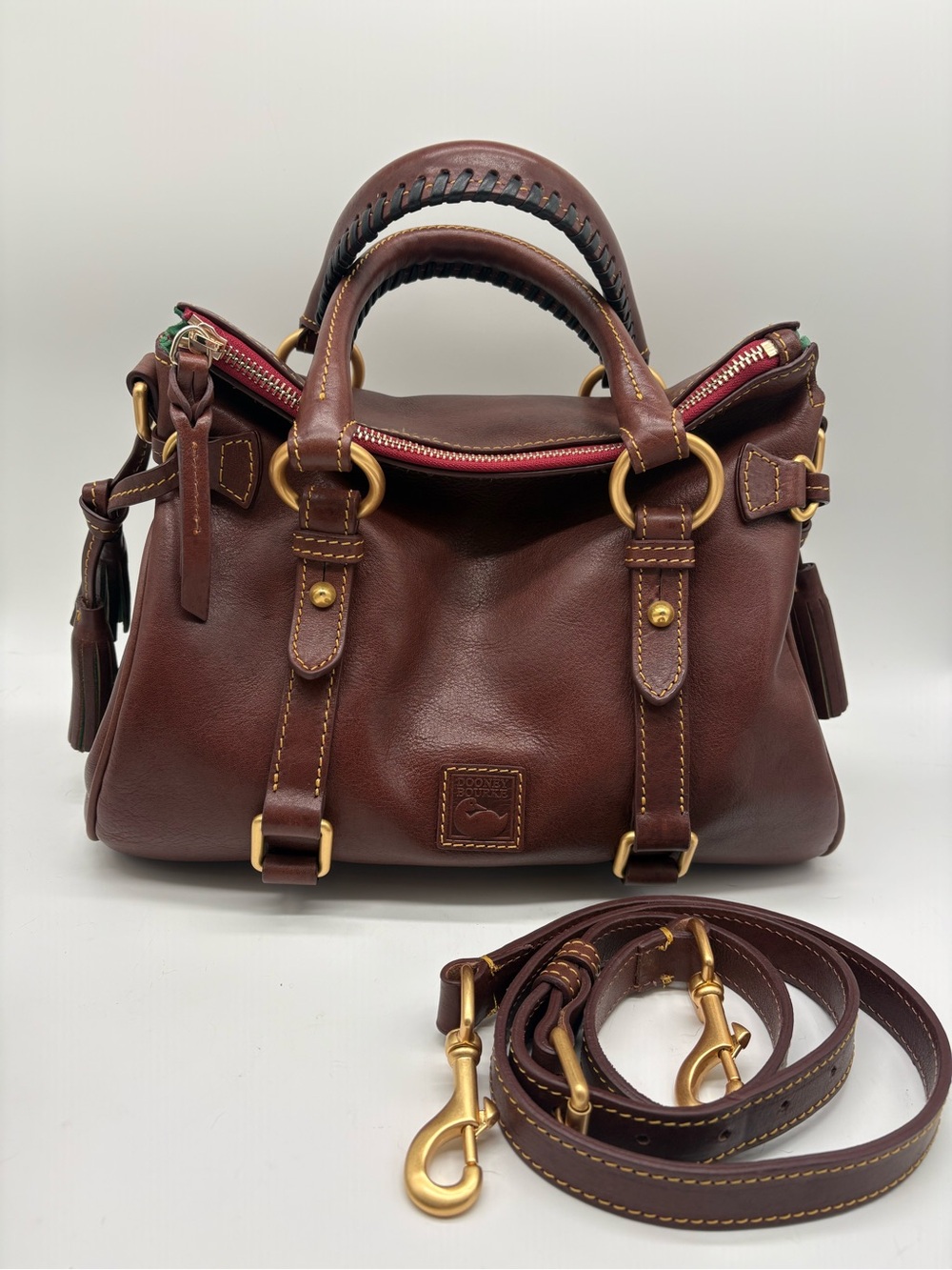 Dooney & Bourke Small Florentine Leather Satchel in Chestnut Brown with Strap